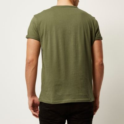 Khaki green plain pocket short sleeve t-shirt